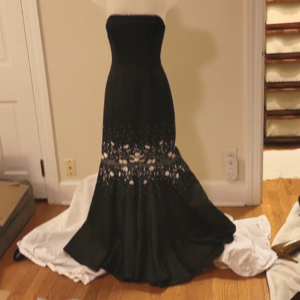Gorgeous black and white strapless gown with lace-up back
